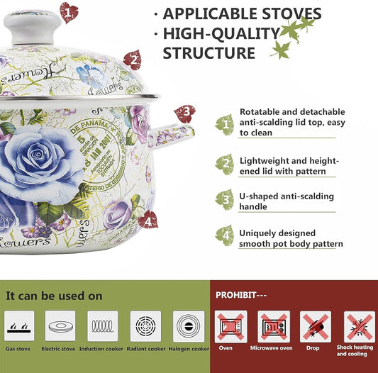 Retro 5QT Flower Enamel on Steel Stock Soup pot with Lid, Stockpots for Cooking