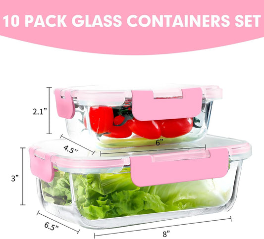 VERONES 10Pack Glass Meal Prep Containers, Airtight Glass Lunch Containers,Stackable Food Storage Containers Set with Lids,Exclusive of BPA, for Microwave,Oven, Freezer&Dishwasher Friendly,Pink