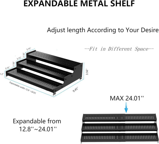 Expandable Spice Rack organizer with 3-Tier step shelf,Modern Design heavy duty,Non Skid and Visibility ,Great for Kitchen Cabinet,Bathroom,dressing table,Cupboard, Pantry and more(3PACKS/BLACK)