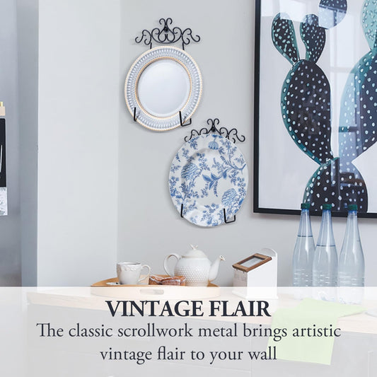 MyGift Vintage Scrollwork Black Metal Hanging Plate Holder, Set of 2 – Wall-Mounted Plate Display Rack for Collectible Plates & Platters – Holds Up to 8-Inch Plates