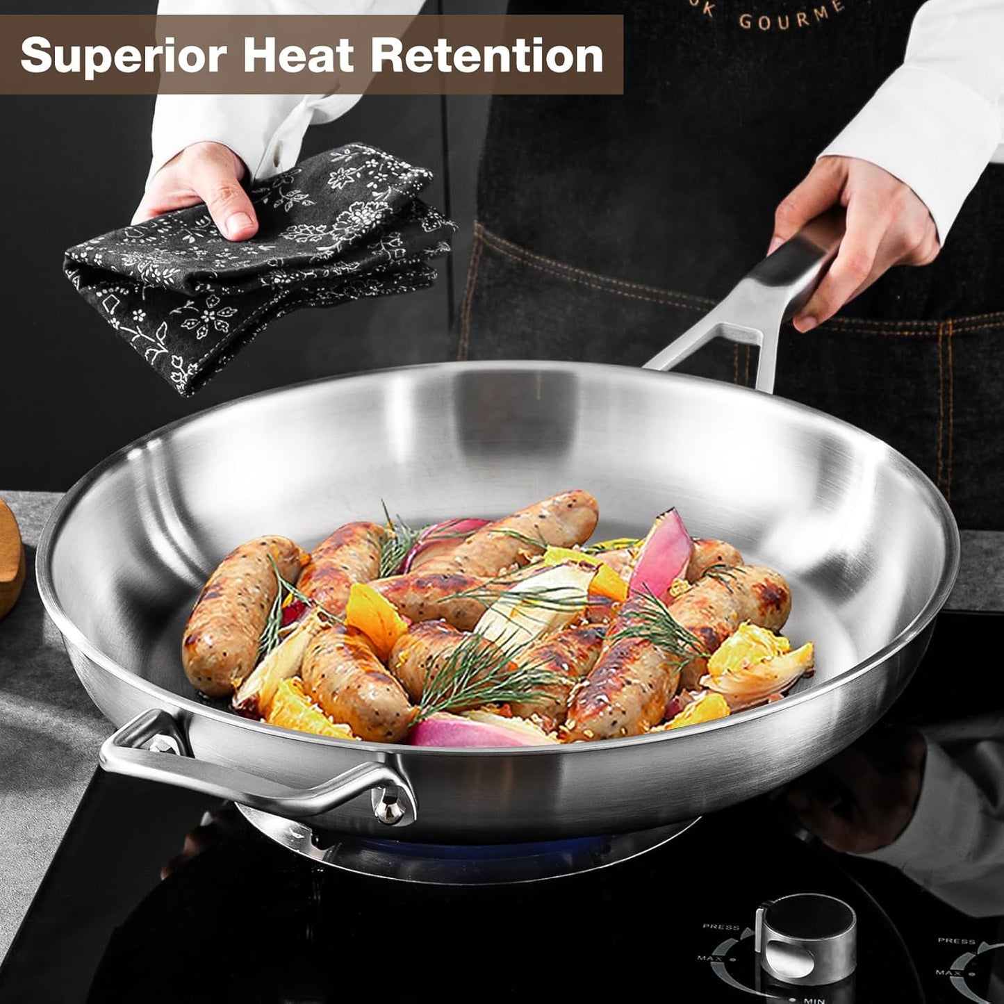 Stainless Steel Pan,14 inch Frying Pan, Heavy Duty, Large Frying Pan, Fast & Even Heating, Up to 650°, Oven & Dishwasher Safe,Compatible with All Cooktops