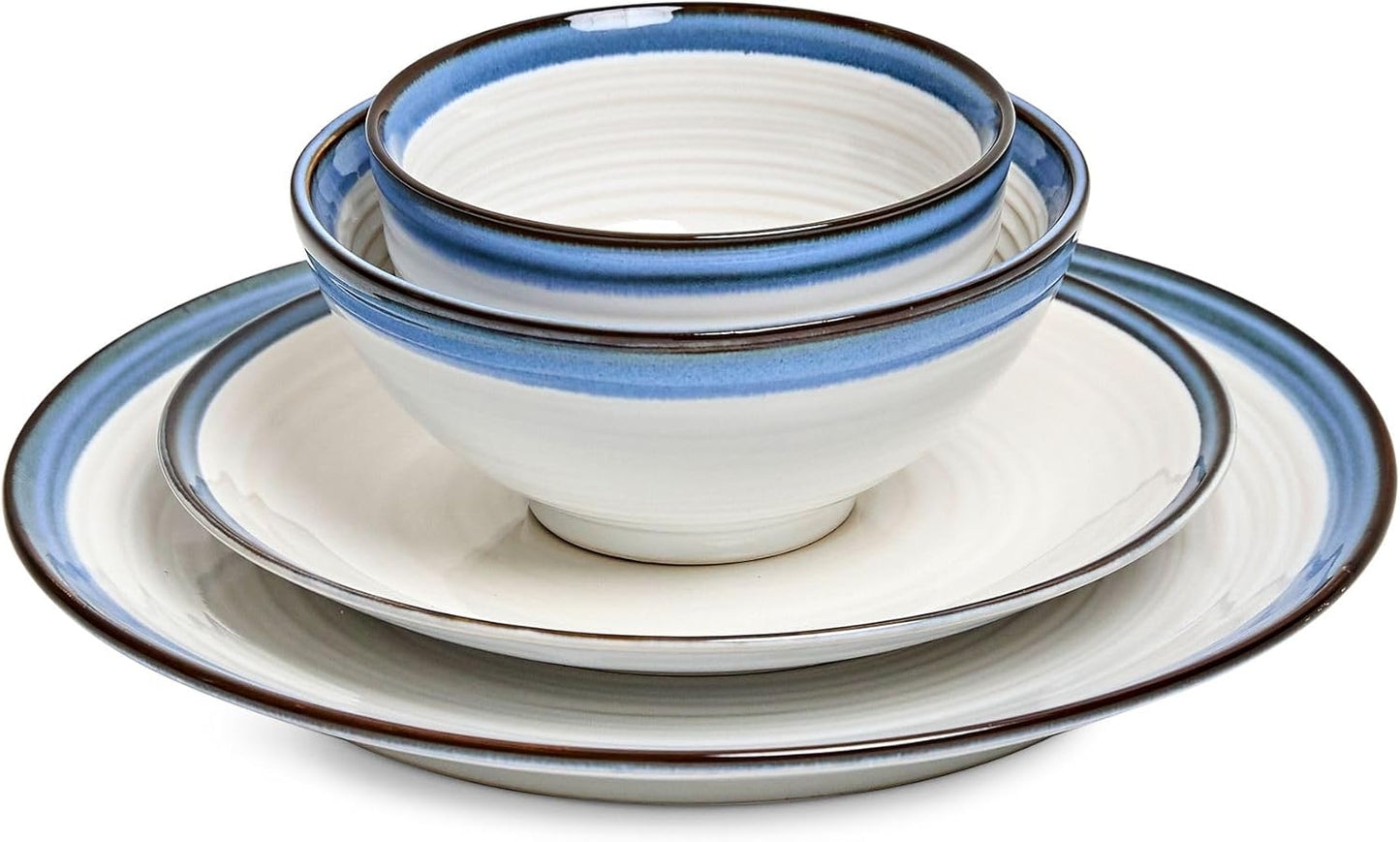Sango Siterra Santorini 16-Piece Stoneware Dinnerware Set for 4, Ceramic White Plates and Bowls Sets with Blue Rim & Reactive Glaze, Chip Resistant Dish Set, Microwave & Dishwasher Safe Kitchen Dishes
