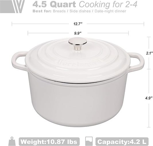 Enameled Cast Iron Dutch Oven Pot with Lid, for Sourdough Bread Baking, Round Dutch Ovens, 4.5 Quart, White