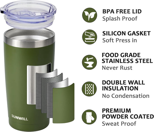 SUNWILL Travel Coffee Tumbler 20 oz, Insulated Mug with Lid, Stainless Steel Cup for Outdoor, Powder Coated Olive