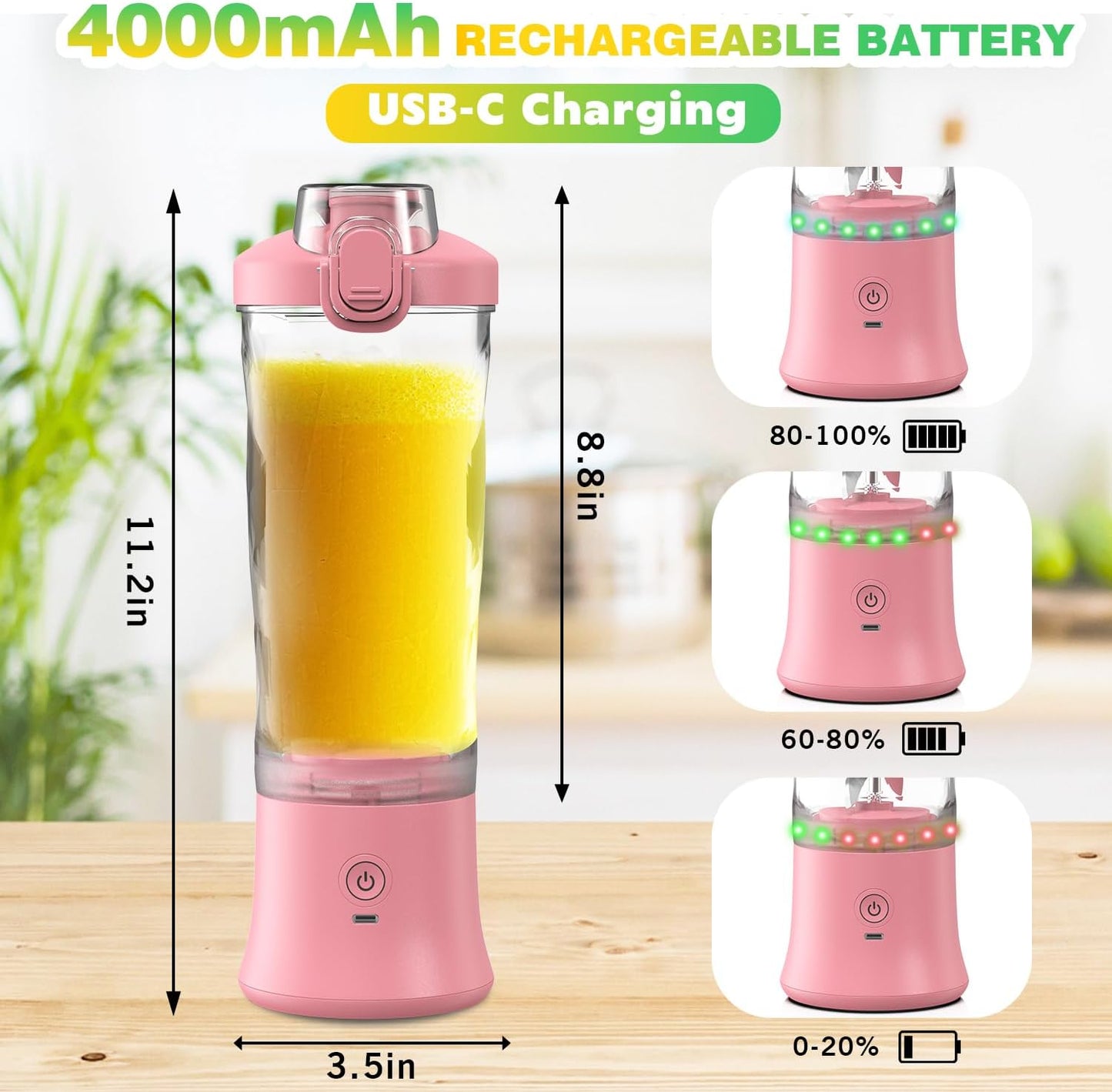 Portable Blender Personal Juicer for Shakes and Smoothies - 20 OZ Electric Protein Shaker Bottle with Insulated Sleeve, Travel Lid, USB-C Rechargeable - Mini Small Blender Cup for Kitchen, Office, Gym