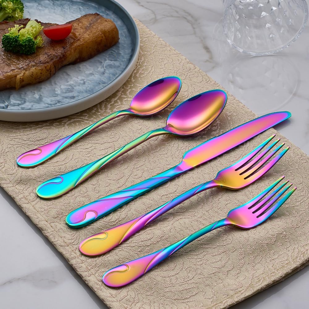 Rainbow Silverware Set for 8, 40-Piece Stainless Steel Flatware Set, Shiny Rainbow Metal Cutlery Set, Include Fork, Knife and Spoon Set, Dishwasher Safe