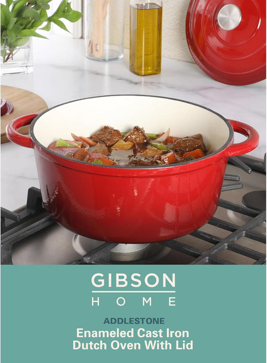 Gibson Home Addlestone 5-Quart Red Enamel Cast Iron Dutch Oven with Lid and Dual Handles – Durable Round Cooking Pot