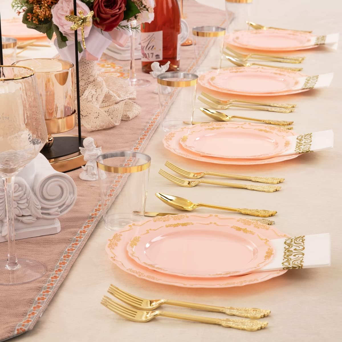 Supernal 210 Pink and Gold Plastic Plates & Plastic Silverware,Elegant Party Cups,Dessert/Salad Plate with Gold Rim, disposable paper Napkins,Suit for Bridal Shower, Wedding,Birthday
