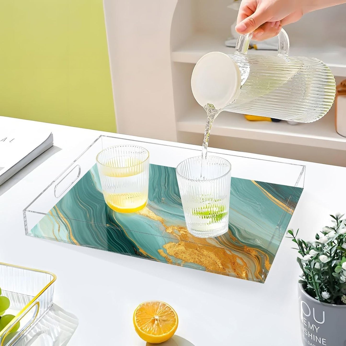 Acrylic Serving Tray with Handles Spill Proof Kitchen Storage Tray Clear Decorative Tray Makeup Drawer Organizer Storage Tray for Bathroom Living Room Ottoman 15.7x11.8Inches