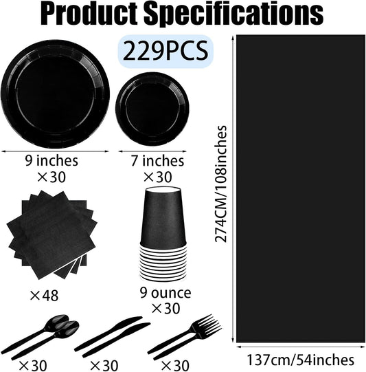 TWOWYHI 229PCS Black Party Supplies Set Paper Disposable Plates Cups Plastic Spoons Forks Knives Black Napkins for 30 Guests Disposable Party Dinnerware Sets for Wedding Birthday Parties