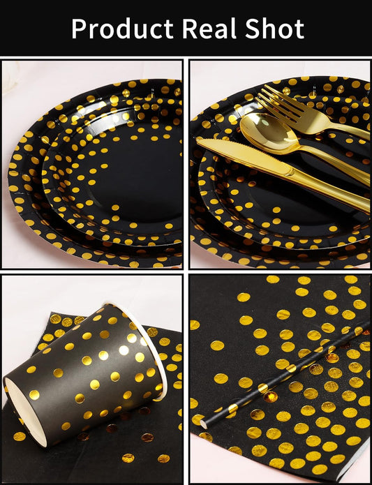 141 Pieces Black Gold Party Supplies, Party Dinnerware Sets Include Paper Plates Napkins Cups Silverware, for Wedding Bridal Shower Engagement Birthday Parties Decoration -20 Serves