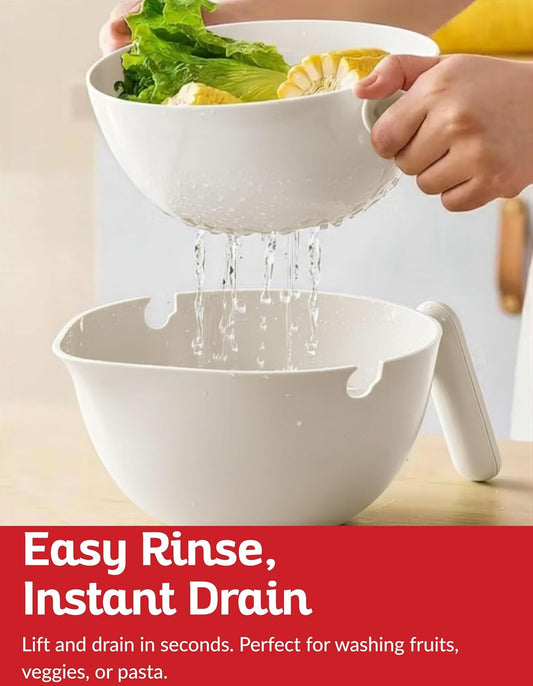 Multi Functional Draining Basket – Double Layer Colander & Bowl Set for Pasta, Fruits, Vegetables & Rice – Durable BPA-Free, Dishwasher Safe (Milky White)