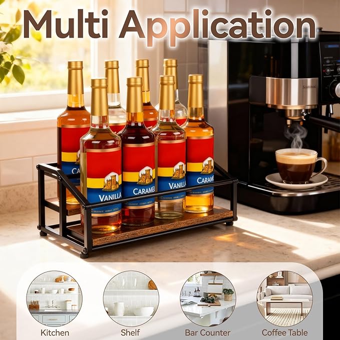 Coffee Syrup Organizer Rack, Liquor Bottle Display Shelf, 2 Tier 8 Syrup Bottles Holder Stand for Coffee Bar Kitchen Small Wine Rack for Family Storage for Syrup Wine Dressing