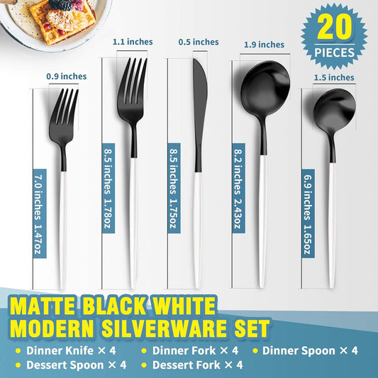 Lemeya Matte Black White Silverware Set for 4,Modern Stainless Steel Brushed Cutlery Set,20-Pieces Heavy Duty Flatware Set,Knives Spoons and Forks Set Utensils Set, Satin Finish, Dishwasher Safe