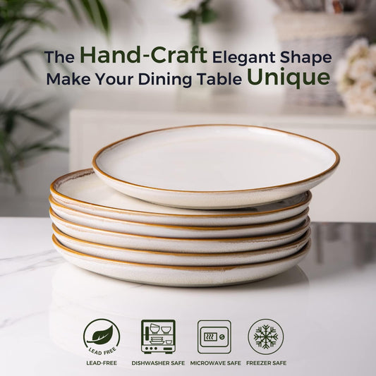 AmorArc Ceramic Dinner Plates Set of 6, 10.5 Inch Handmade Reactive Glaze Stoneware Plates,Large Rustic Shape Dinnerware Dish Set for Kitchen, Microwave & Dishwasher Safe,Scratch Resistant-Pearl White
