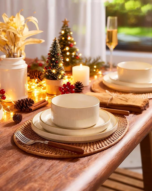 Famiware Star Dinnerware Set with Mugs, Service for 6 (24 Pieces), Ribbed Stoneware Plates and Bowls Dishes Sets with Trim - Chip & Scratch Resistant, Microwave & Dishwasher Safe, White