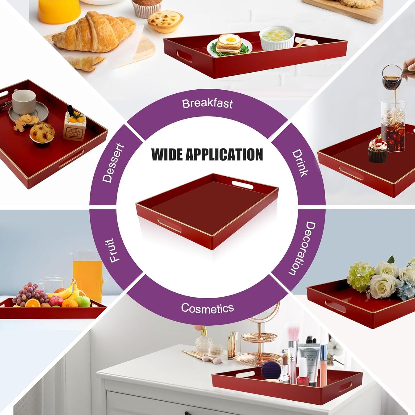 Gifturbo Red Large Serving Tray with Handles,Rectangular Plastic Elegant Decorative Coffee Table Tray for Ottoman, Living Room, Bathroom, Home Decor, Vanity Tray with Gold Trimming, 15.7” x 11.8”