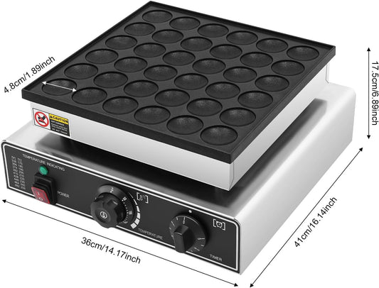 950W Commercial Mini Pancake Maker, 36 Grids Electric Mini Pancake Griddle Non-Stick Stainless Steel Dutch Pancake Maker w/Time & Temper Adjustable|Oil Brushes|Whisk,Large Waffle Machine forRestaurant