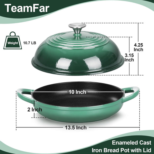 TeamFar Cast Iron Bread Dutch Oven, 6 Qt Enameled Dutch Oven Pot for Sourdough Bread Baking, with Tall Dome Lid & Round Base Pan, Self-Basting & Even-Heating, Heavy-Duty & Non-stick, Dark Green