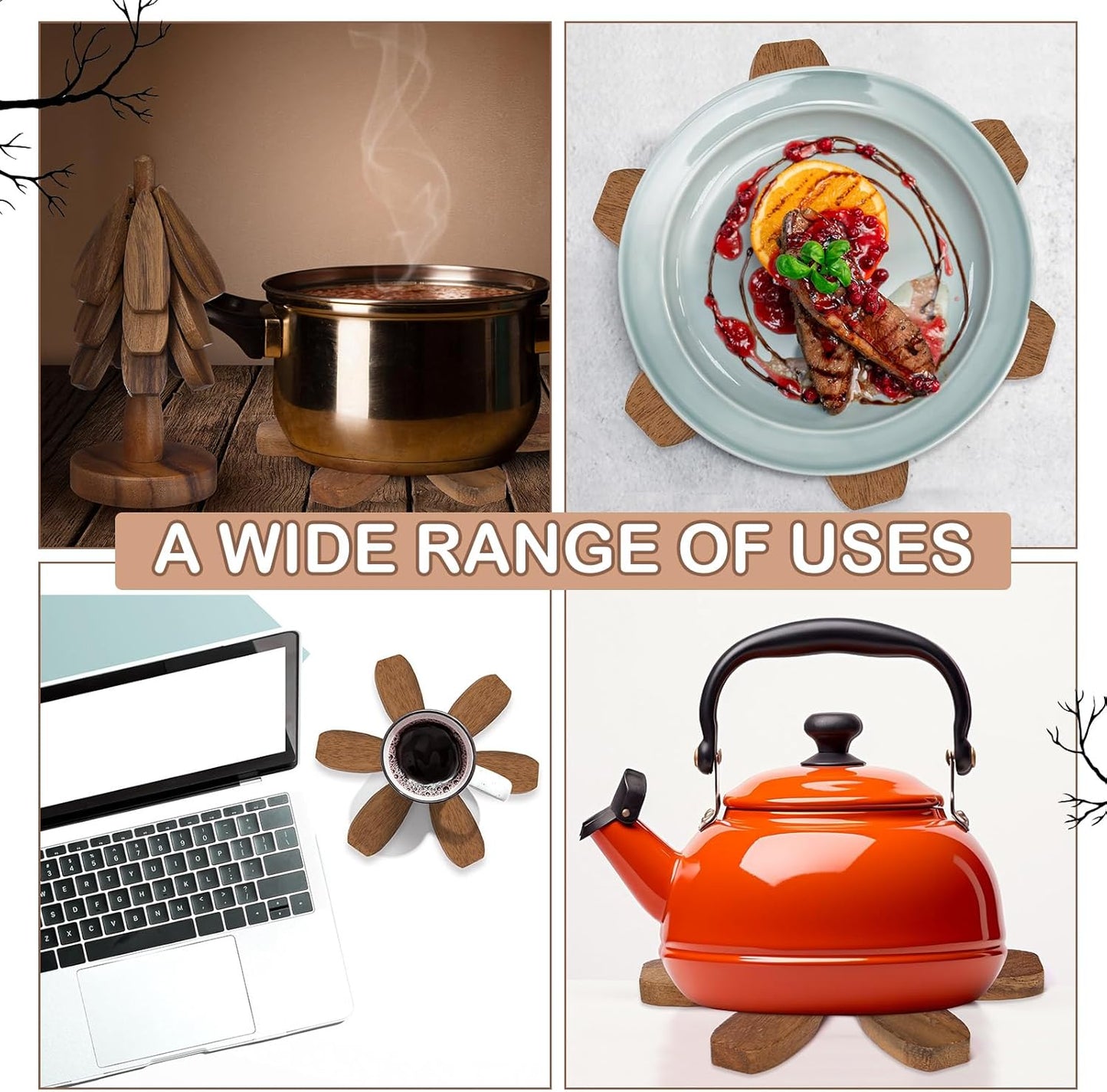 Wooden Tree Coaster Trivets Wood Trivets Set for Hot Dishes Set of 4 Christmas Tree Shape Foldable Wooden Coaster and 1 Stand Natural Trivet for Cups Plates Bowls Pots(Black Walnut Color)