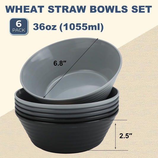 Wrova Wheat Straw Bowl Sets,6 PCS Unbreakable Cereal Bowl 36 OZ,Microwave and Dishwasher Safe Bowls,Salad Bowls for Camping,Rv,Apartment,Dorm,Party (Black Grey)