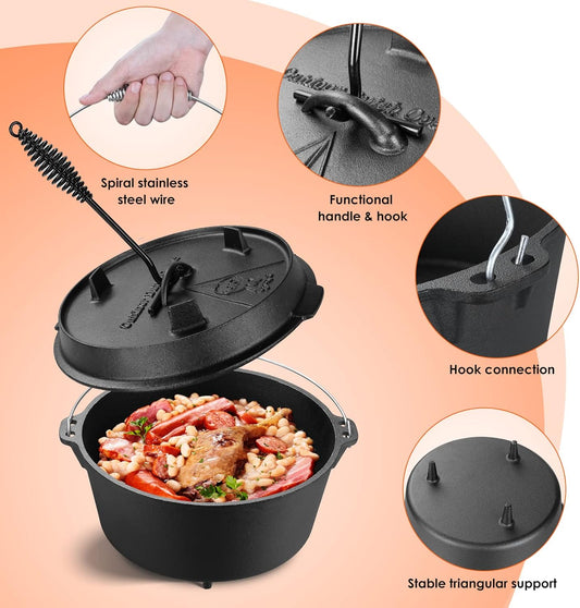 LIFERUN Dutch Oven Pot with Lid, 7.8 Quart Cast Iron Dutch oven, with Pot Cover Lifter Handle & Stand and Dual Function Lid Griddle for Home Cooking