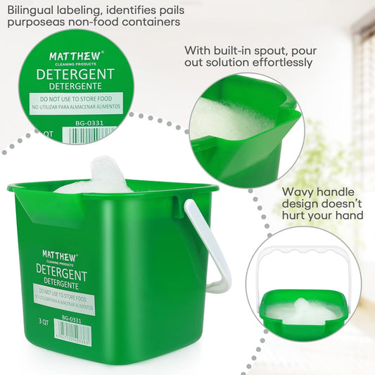 Matthew Red&Green&Blue Detergent and Sanitizing Cleaning Bucket 3 Quart Cleaning Pail,Set of 3 Square Containers,Built-In Spout w/Handle,Wash Rinse Sanitize Handwash Bucket,Incl.3Pcs Microfiber Cloths