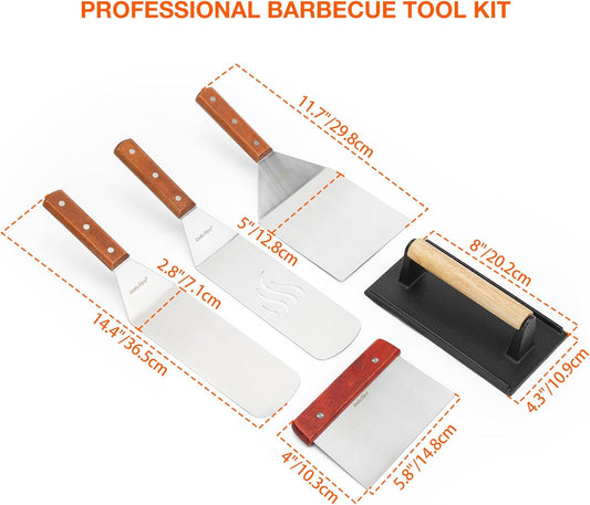 onlyfire Professional Barbecue Tool Kit Grill Griddle Tools Flat Top Griddle Accessories for Camping, Outdoor Hibachi, Backyard-Set of 5