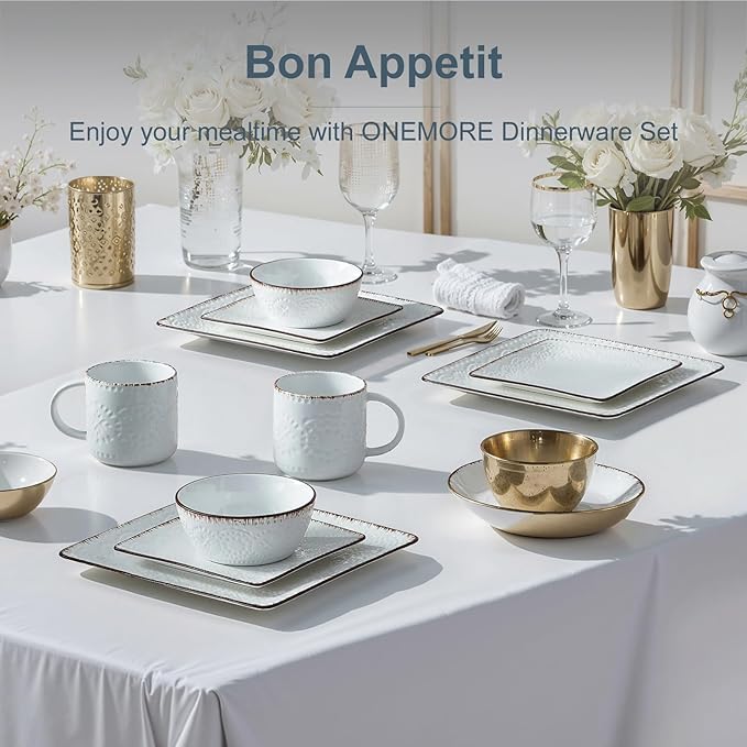 ONEMORE Ceramic Dinnerware Set, 16PCS Square Plates, Bowls & Cups Set - Scratch Resistant, Dishwasher Safe Kitchen Dishes, Ceramy White