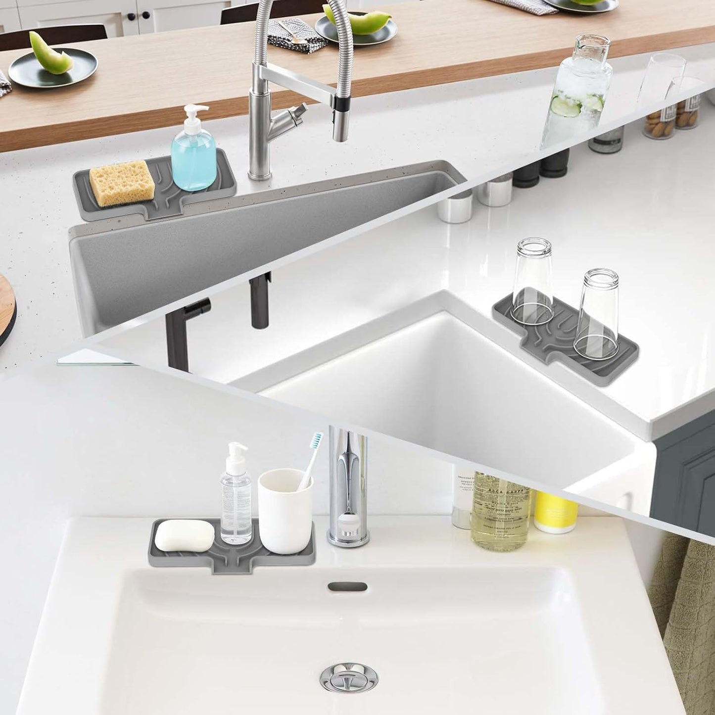 GUUKIN Sponge Holder for Kitchen Sink, 9.8"×4.9" Silicone Sponge Holder, Soap Tray with Drain, Dish Soap Mat for Shower Bathroom, Perfect for Dispenser,Scrubber,Bottle,Cup on Sink or Counter (Grey)