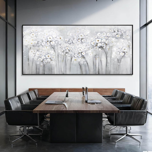Flower Wood Wall Decor White Wall Art Textured Canvas Painting 32"x70" Decorative Pictures for Bedroom Kitchen Large Artwork