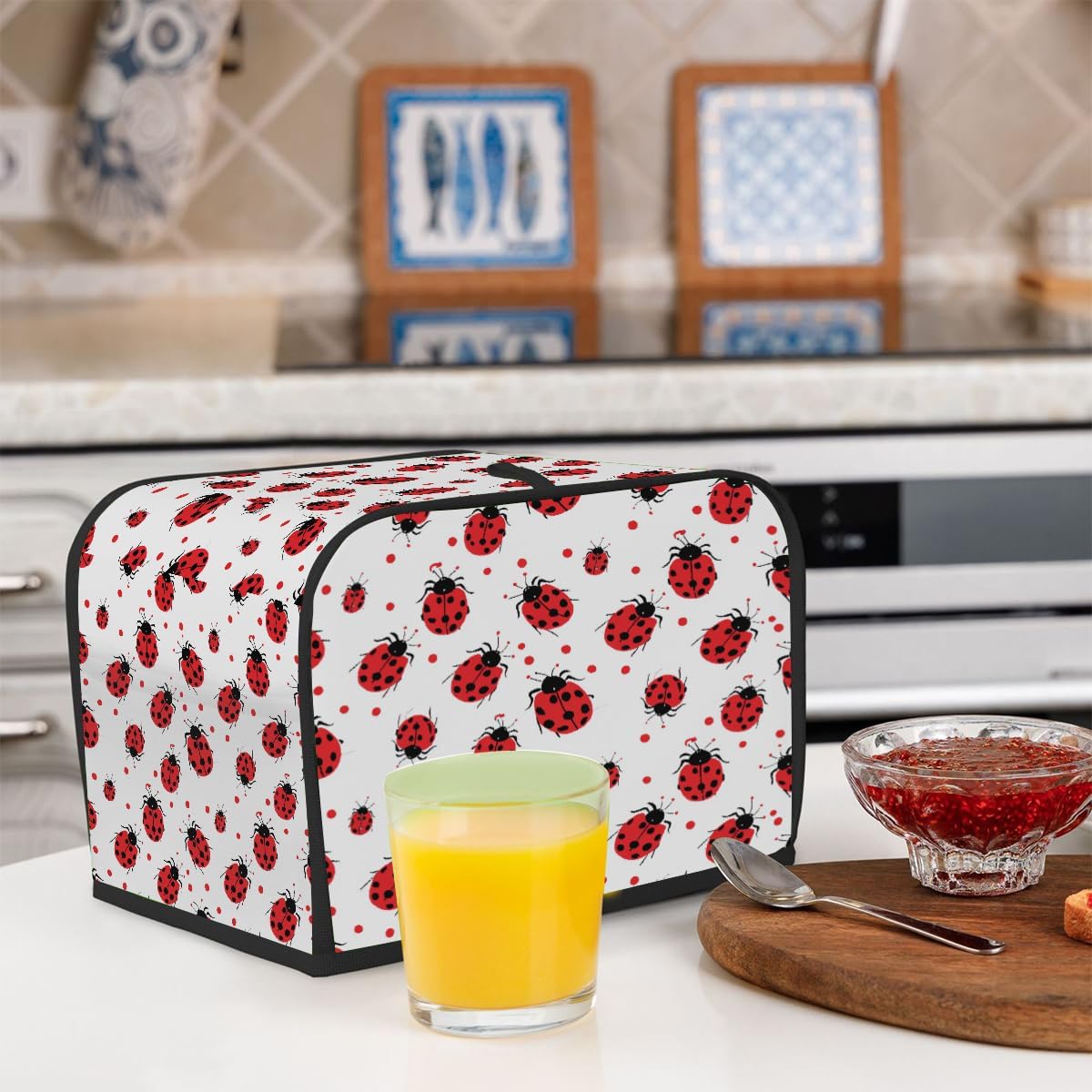 4 Slice Toaster Cover,Red Ladybug On White Small Kitchen Appliance Bread Machine Cover with Pockets,Dust & Fingerprint Protection