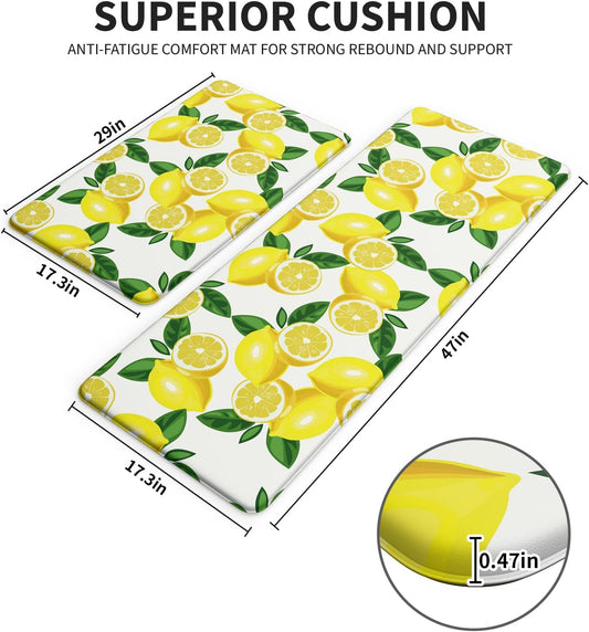 Lemon Kitchen Mats for Floor Set of 2 - Anti Fatigue Mats for Kitchen Floor, Cushioned Non-Skid Washable Memory Foam Rug for Office, Sink, Laundry (17.3"×29"+17.3"×47"-0.47") White
