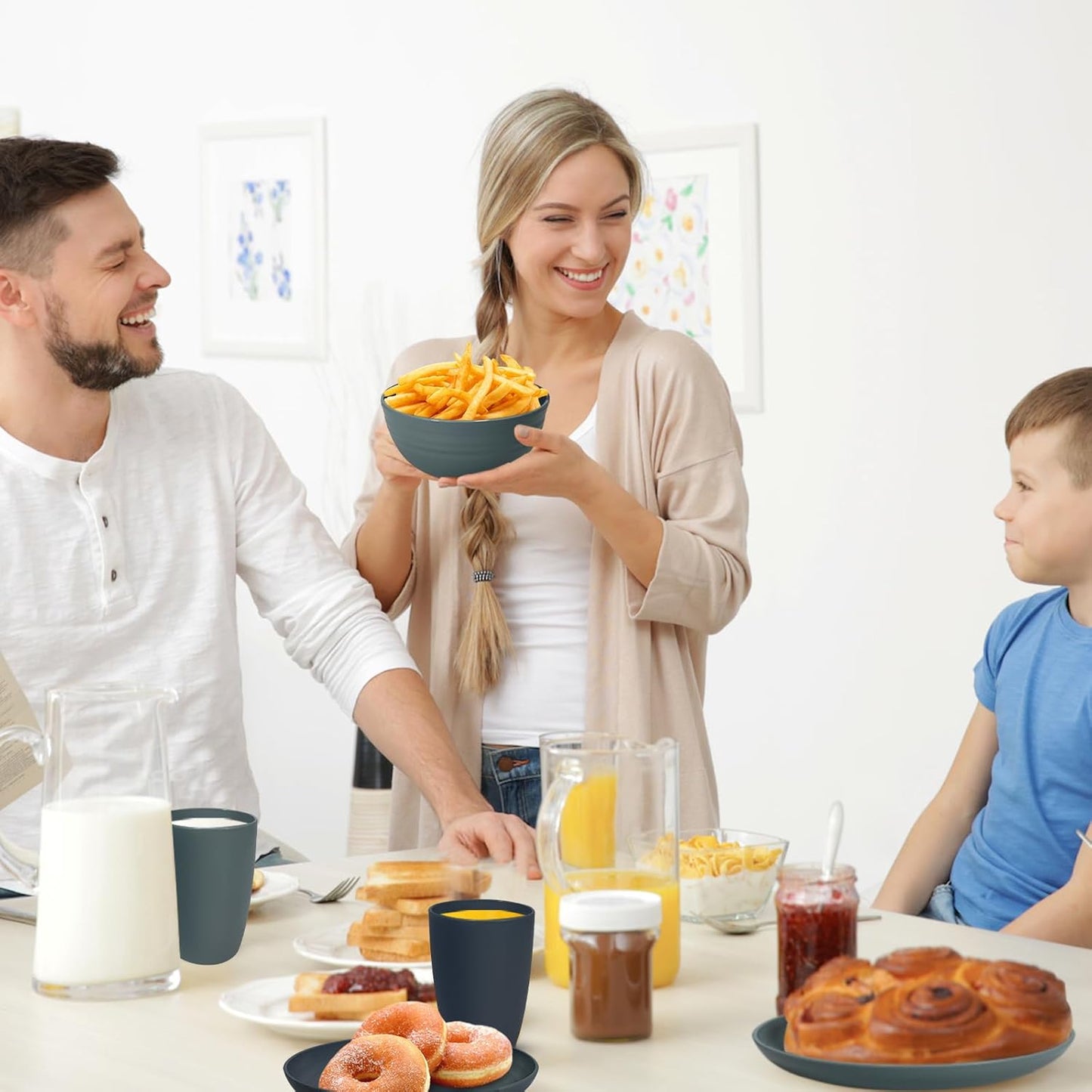 Kitchen Wheat Straw Dinnerware Sets (33pcs) Attached cleaning brush,Service For 8,Plastic Plates and Bowls Sets,Unbreakable Dinnerware,Lightweight Plastic Plate Set (Navy blue grey)