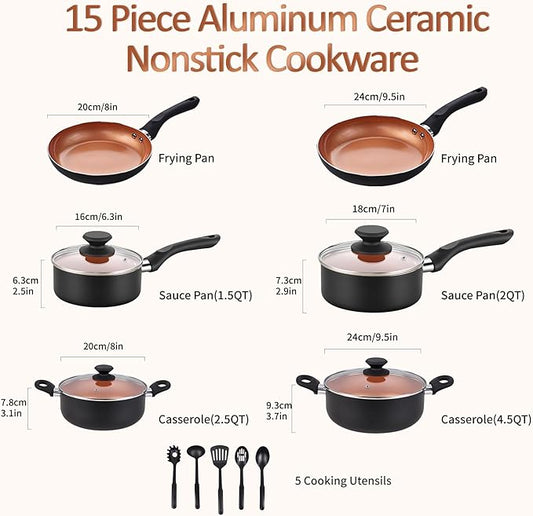 Ceramic Pots and Pans Set, 15PCS Nonstick Set Ceramic Cookware Set, Nonstick Pan Pots and Pans Set Non Stick Cookware set (With-Induction)