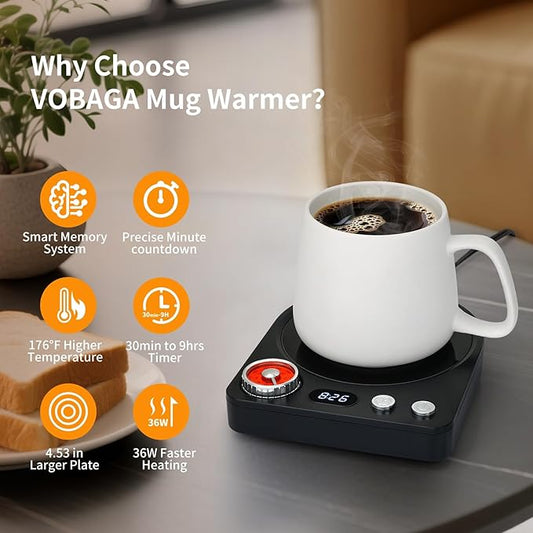 VOBAGA Coffee Mug Warmer with Smart Memory System & 9-Temperature Setting, Coffee Cup Warmer with Customize Timer & Precise Minute Timing, Suitable for Work, Reading, Sleeping