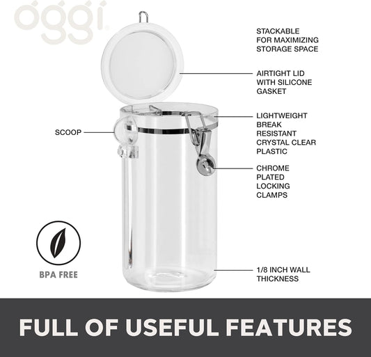 Oggi Clear Canister Airtight 72oz - Clamp Lid & Spoon - Airtight Food Storage Container, for Kitchen & Pantry Storage of Bulk, Dry Foods, Pasta, Flour, Sugar, Coffee, Rice, Tea, Spices & Herbs