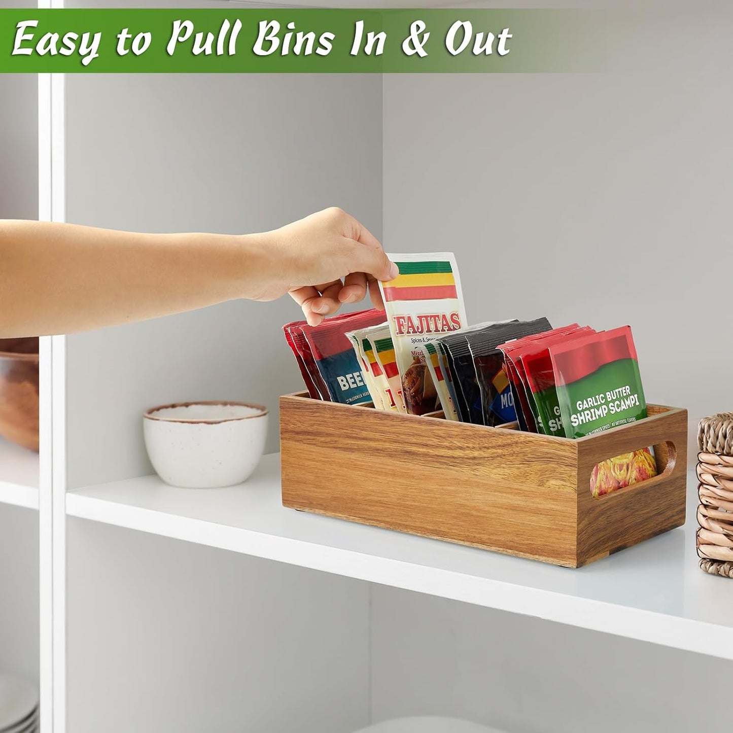 DRASTAR Pantry Organization and Storage Bins, Seasoning Packet Organizer with Removable Dividers,Wooden Storage Caddy for Kitchen, Pantry, Cabinet, Countertop, Acacia