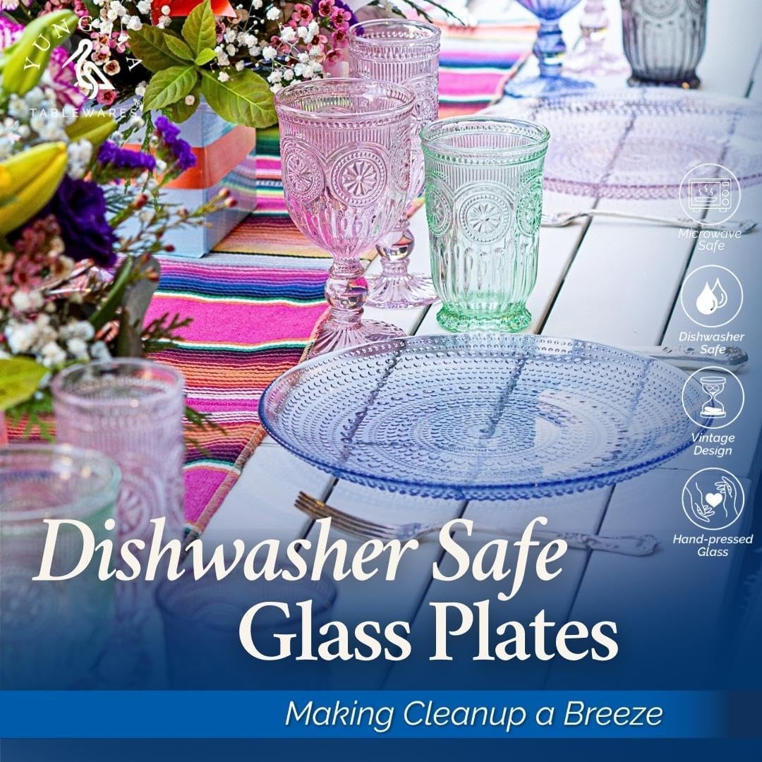 Yungala Blue Glass Plates set of 4 hobnail design textured plates with dot pattern blue glassware, pair with matching wine glasses and drinking glasses.