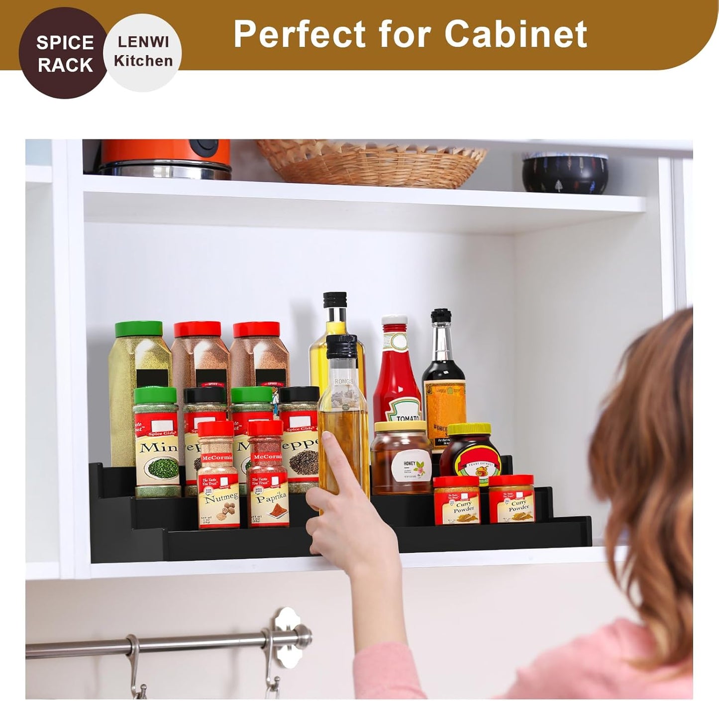 Spice Rack Organizer for Cabinet 2Pack, 3 Tier Expandable Bamboo Spice Storage, Great for Kitchen Cabinet, Cupboard,Pantry and More(Black)