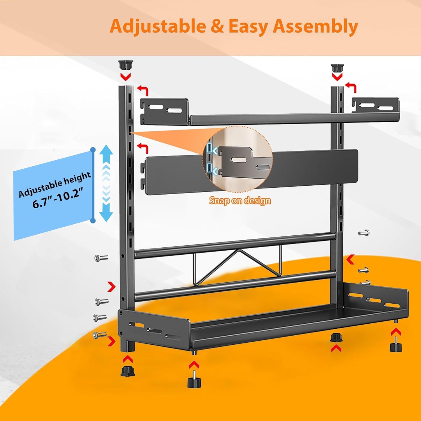 Spice Rack Organizer, 2-Tier Height-Adjustable Kitchen Countertop Spice Organizer Shelf, Metal Rust-Proof Standing Large Spice Racks with Guardrail & Knife Block for Kitchen Storage