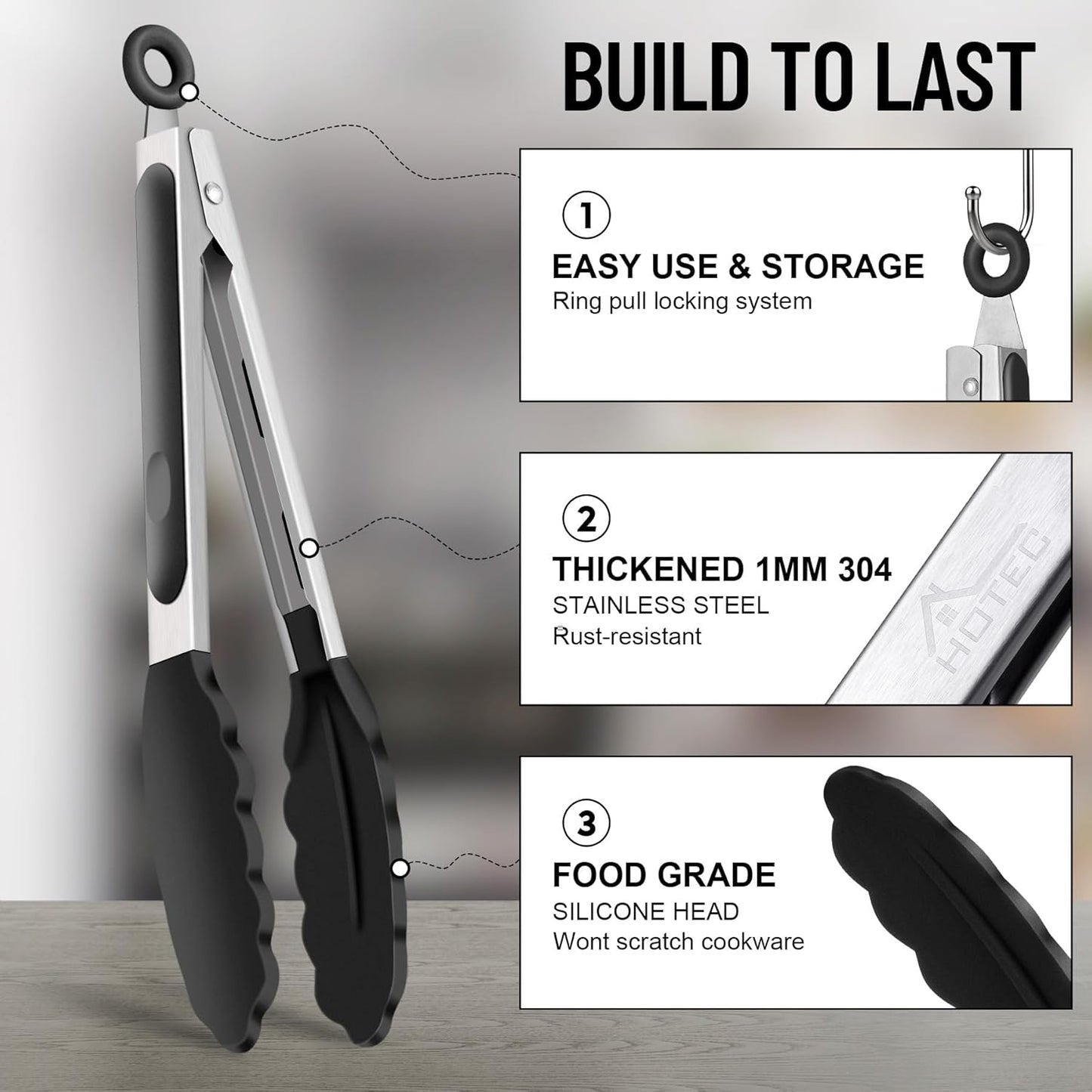 HOTEC Premium Stainless Steel Locking Kitchen Tongs with Silicon Tips, Set of 2-9" and 12"