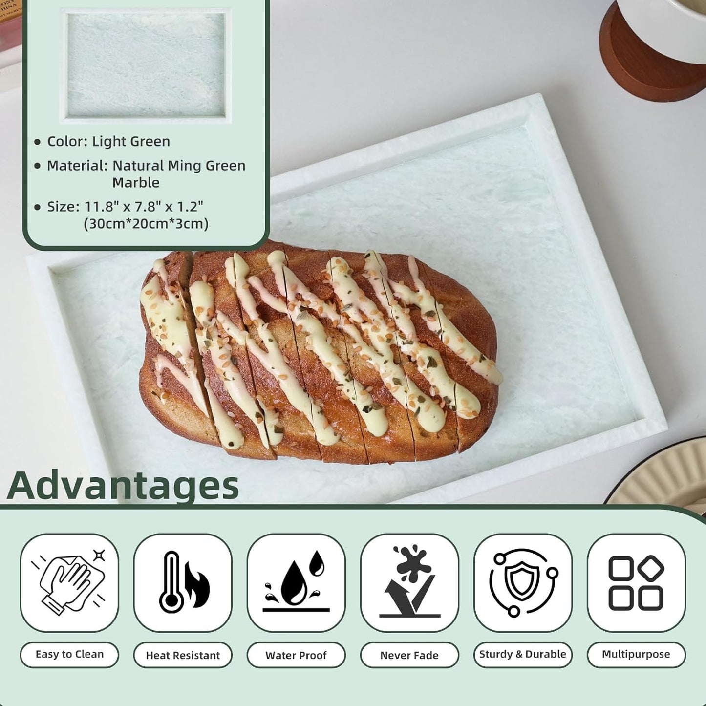 Yew & Tulip Natural Marble Vanity Tray, Luxury Stone with Light Green Textures Serving Tray for Bathroom, Kitchen, Vanity, Home Decor, Wedding etc. (12" x 8" x 1.2")