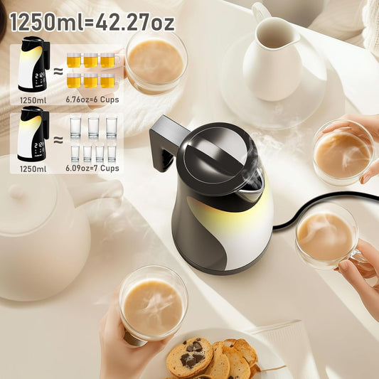 1.25L Cute Penguin Electric Kettle with Temperature Control,2H Keep Warm, Double Wall Cool-Touch,1200W Quiet Boil,BPA-Free,Cordless - Electric Tea Kettle for Home,Office, Kids (Black)