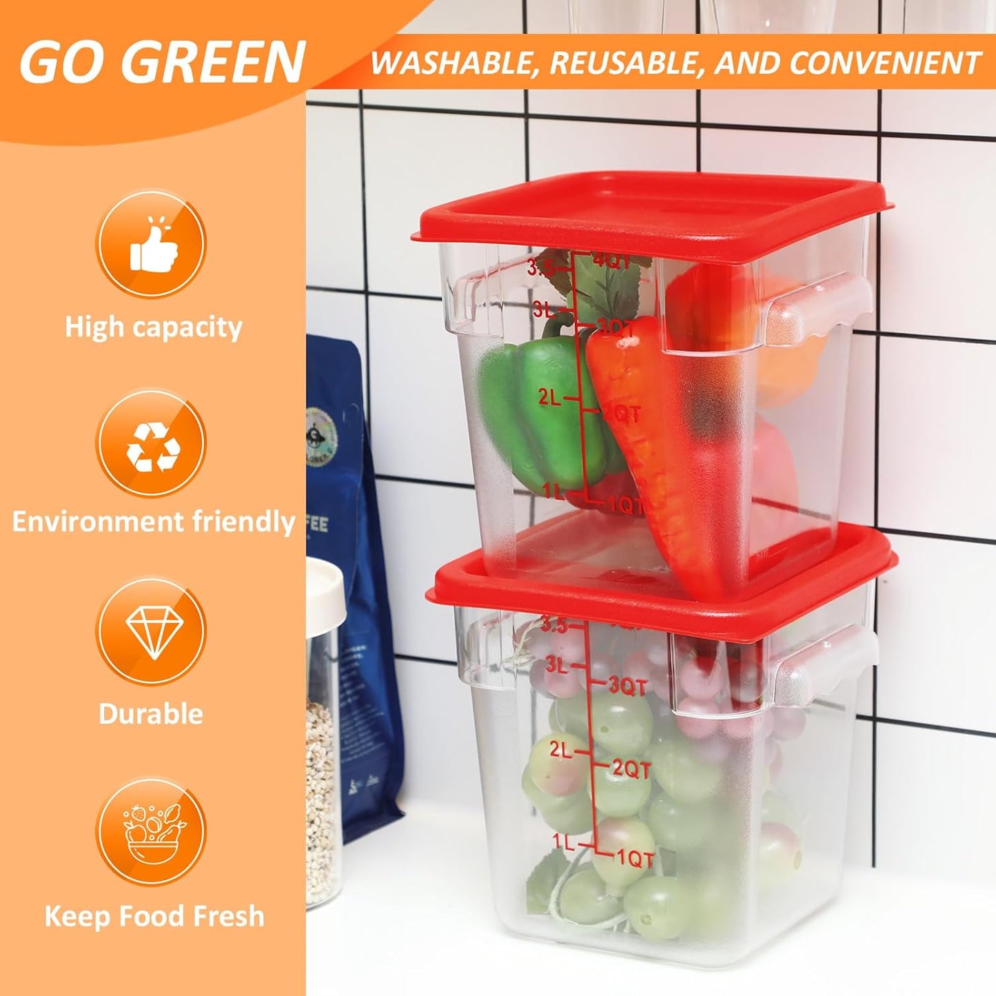 Yungyan 6 Pcs Commercial Clear Food Storage Containers 4 Qt Square Acrylic Airtight Food Storage Containers with Lids for Kitchen Restaurant Pantry Freezer Flour Sugar(Red)