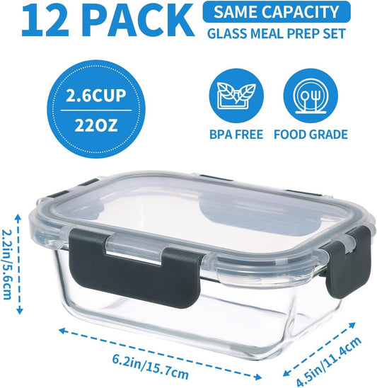 12 Pack 22oz Glass Meal Prep Containers, Food Storage Containers with Lids, Air-Tight, Leak-Resistant, Freezer to Microwave Safe - Grey Set