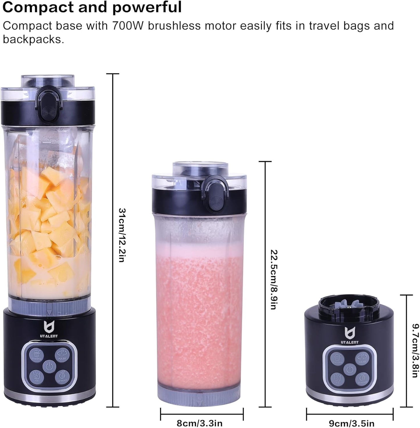 UTALENT Cordless Portable Blender, 25 oz removable Vessel,Powerful Personal Blender, for Smoothies, Ice Crush, 4 Programs, Leakproof-Lid & Sip Spout, USB-C Rechargeable, Dishwasher Safe Parts, Black