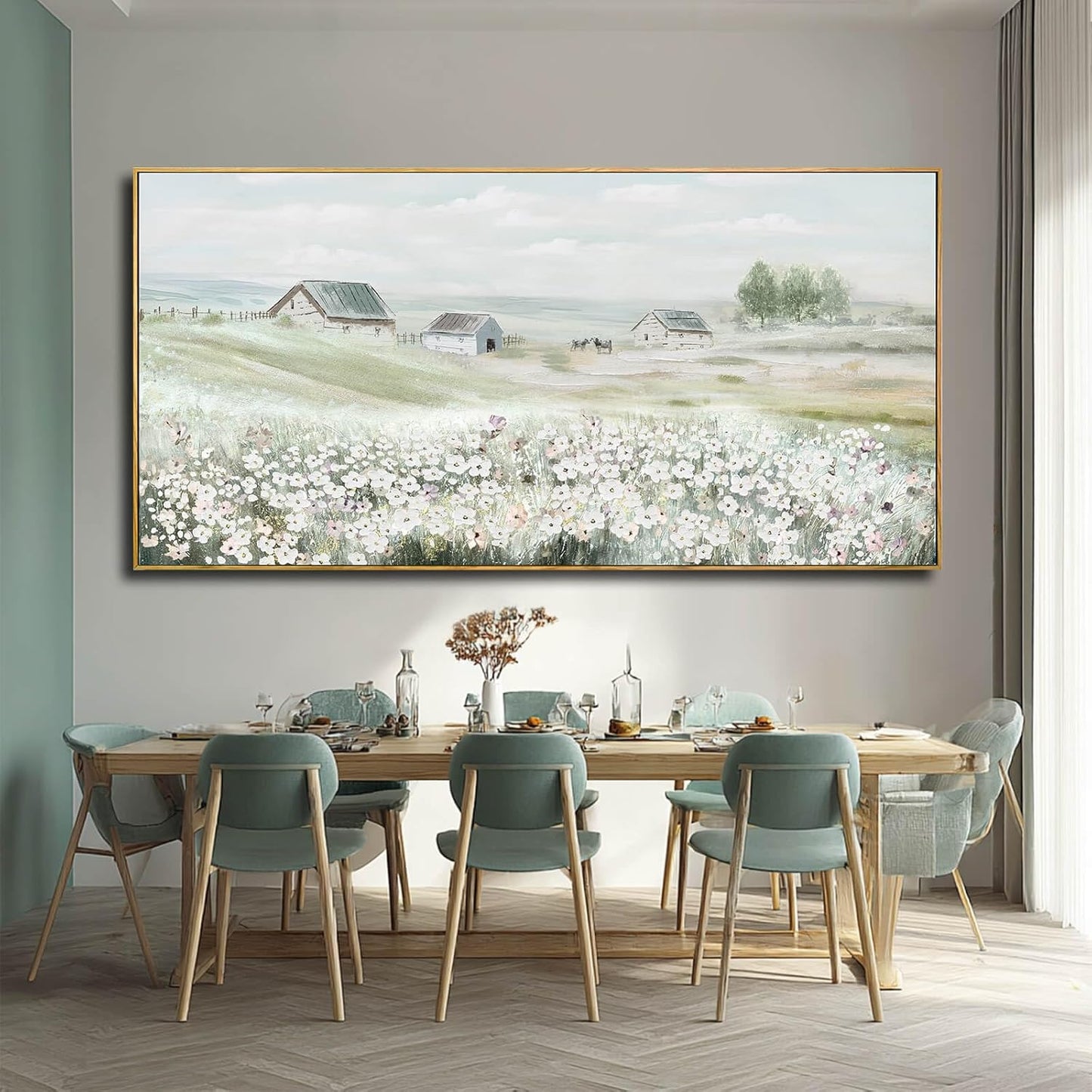 Farmhouse Framed Wall Art Landscape Wall Decor Green Wall Print 36"x70" Bedroom Artwork for Wall Over Bed Office Pictures