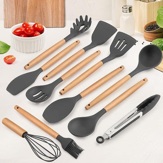Kitchen Utensils Set of 12, E-far Silicone Cooking Utensils with Holder, Non-stick Cookware Friendly & Heat Resistant, Includes Spatula Tong Whisk Ladle Brush Slotted Turner Spoon(Gray)