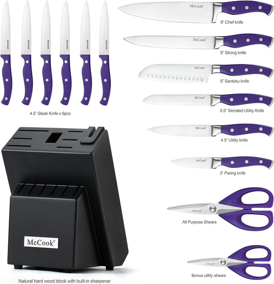 McCook MC27 14 Pieces Stainless Steel kitchen knife set with Wooden Block, Kitchen Scissors and Built-in Sharpener, Purple